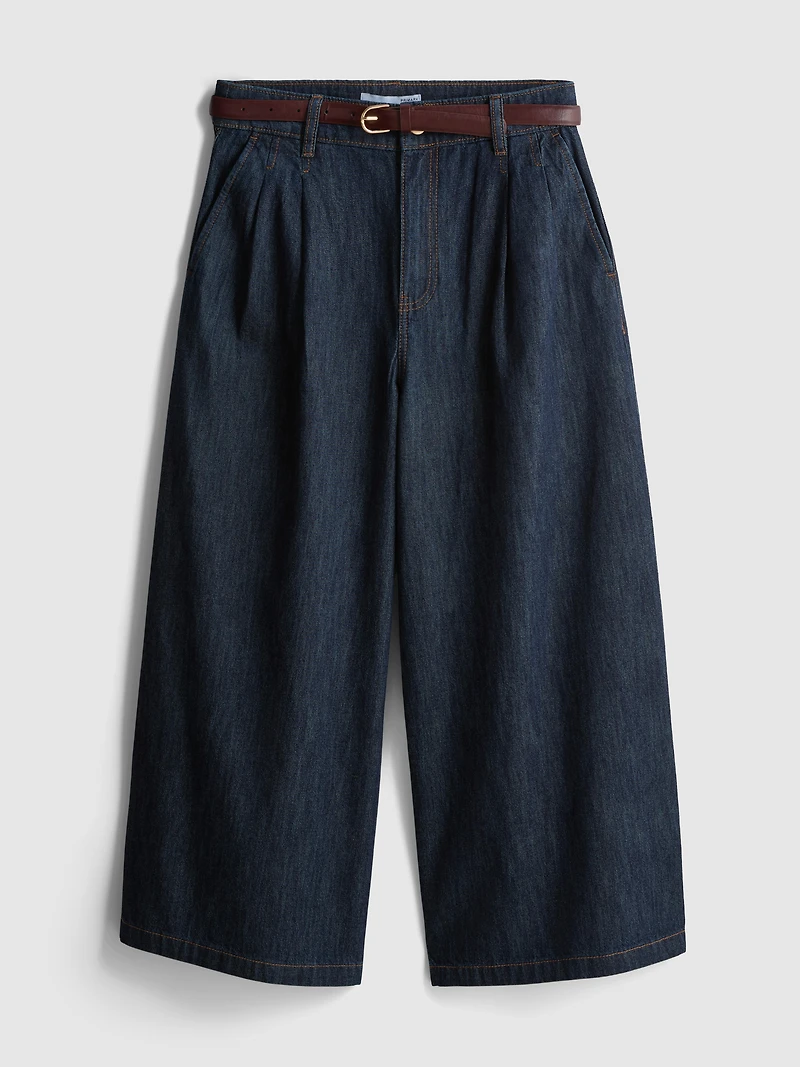 Cotton Denim Belted Culotte Pants