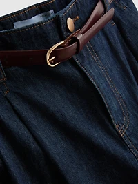 Cotton Denim Belted Culotte Pants