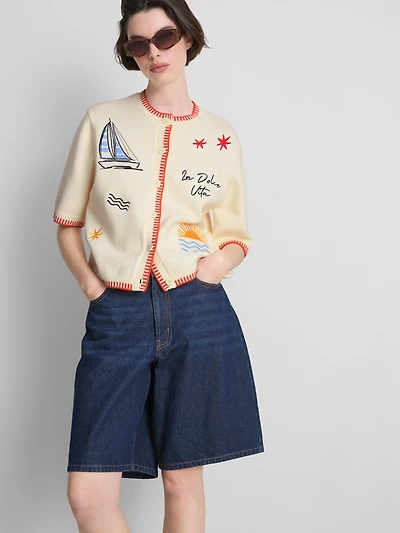 Embroidered Short Sleeve Cardigan