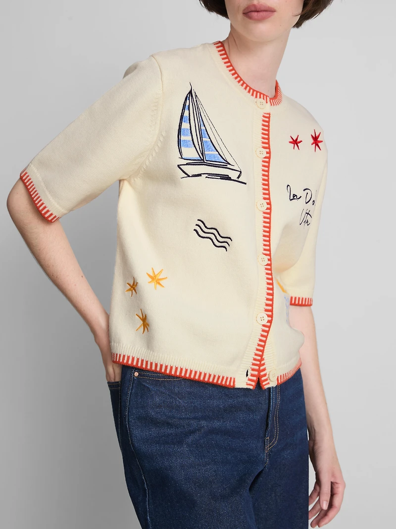 Embroidered Short Sleeve Cardigan