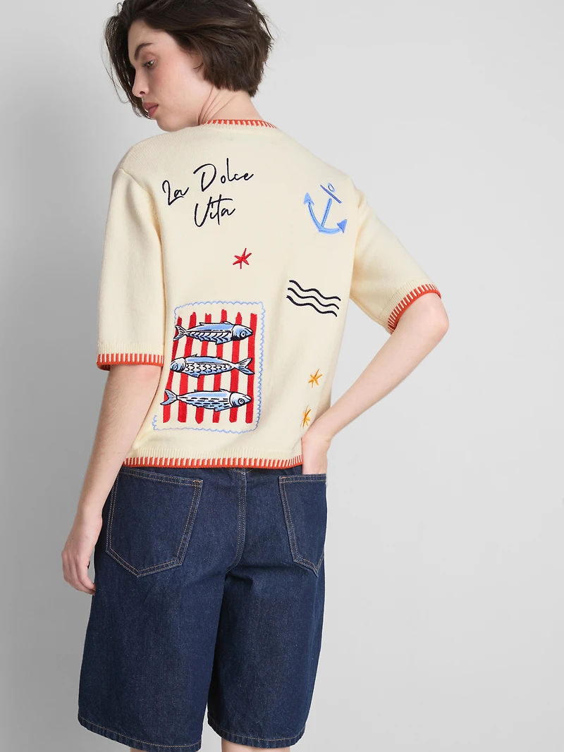 Embroidered Short Sleeve Cardigan