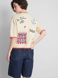 Embroidered Short Sleeve Cardigan