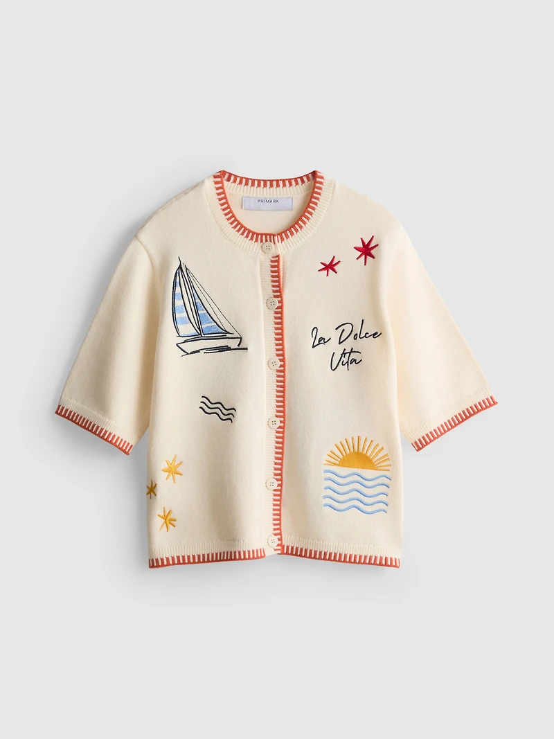 Embroidered Short Sleeve Cardigan