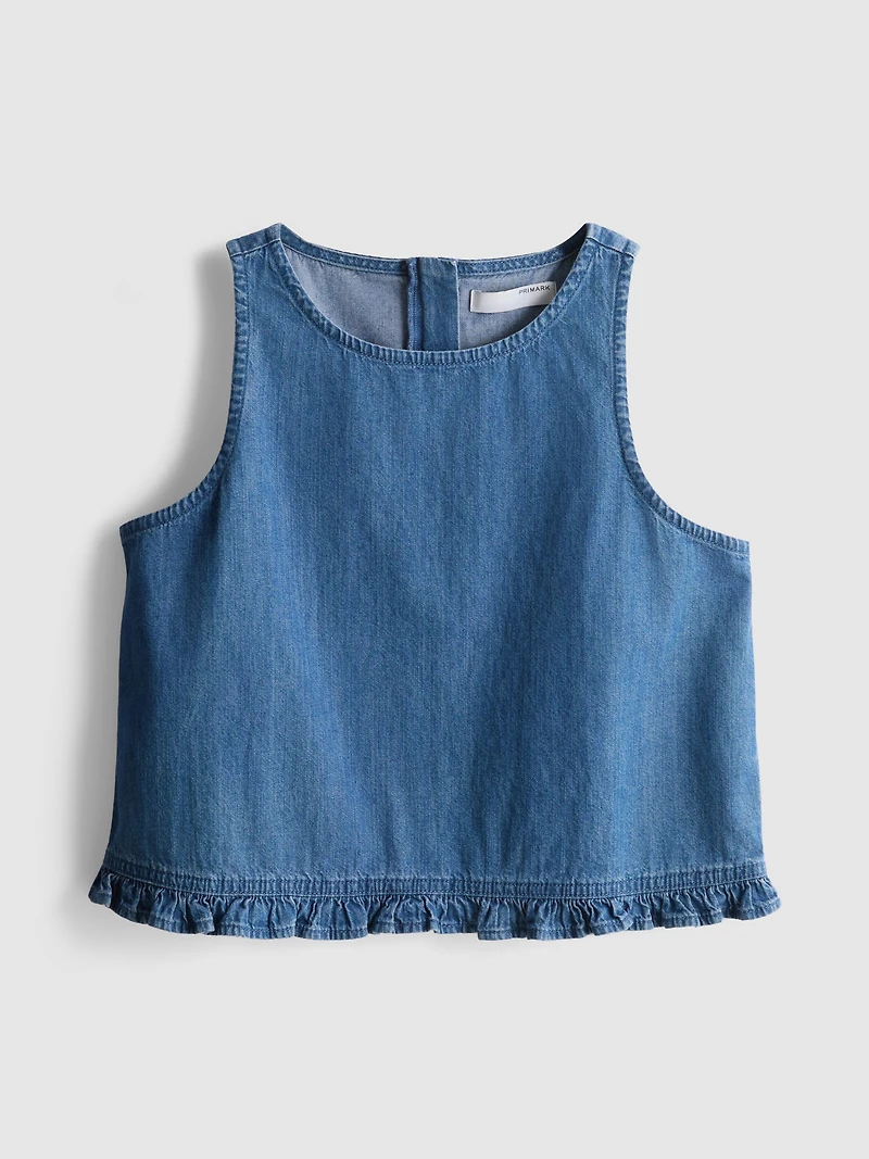 Cotton Denim Cropped Ruffle Tank Top