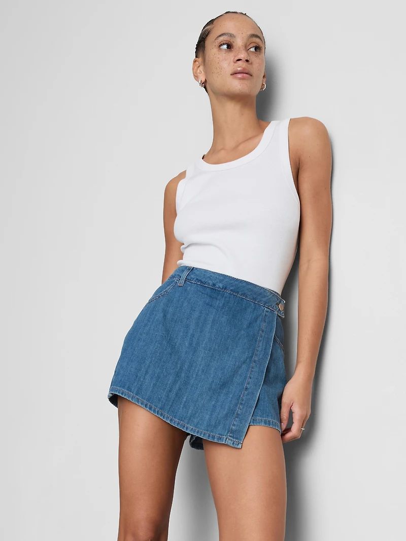 Cotton Denim Asymmetric Wrap Skort