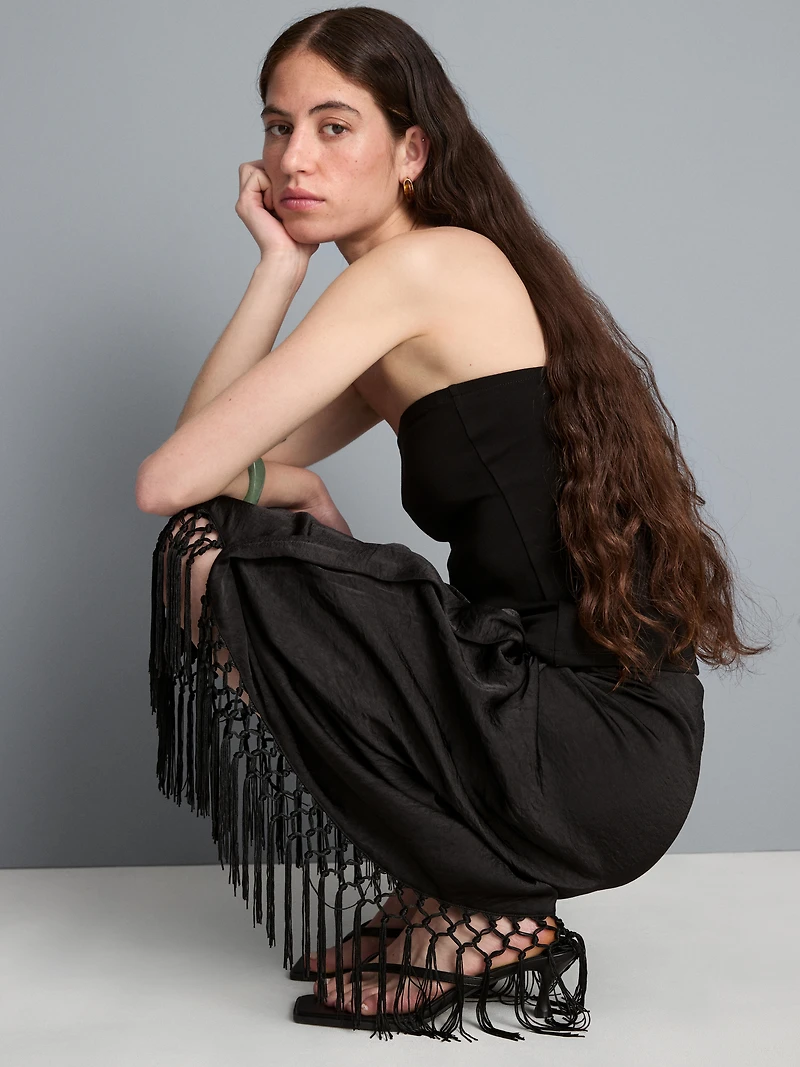 Satin Fringe Midi Skirt