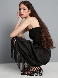 Satin Fringe Midi Skirt