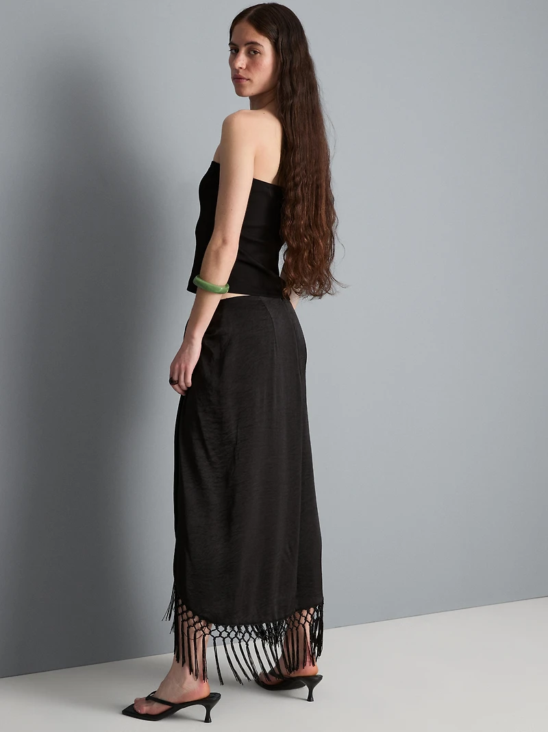 Satin Fringe Midi Skirt