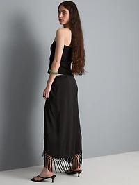 Satin Fringe Midi Skirt