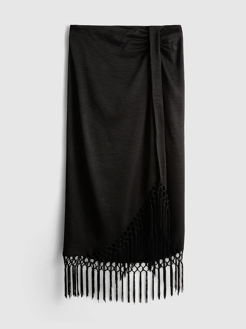 Satin Fringe Midi Skirt