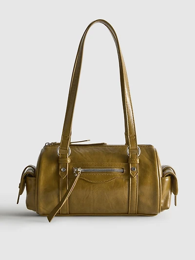 Distressed Faux Leather Bowler Bag