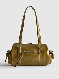 Distressed Faux Leather Bowler Bag