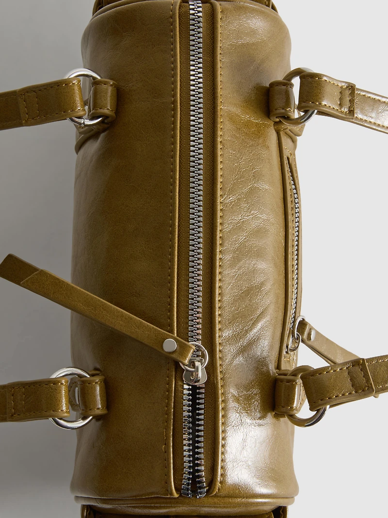 Distressed Faux Leather Bowler Bag