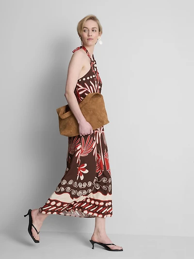 The Edit Linen-Blend Printed Halter Midi Dress