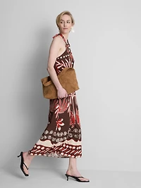 The Edit Linen-Blend Printed Halter Midi Dress