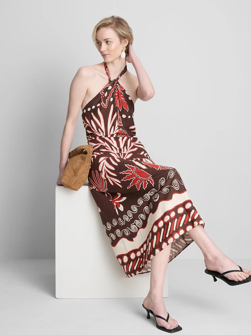 The Edit Linen-Blend Printed Halter Midi Dress