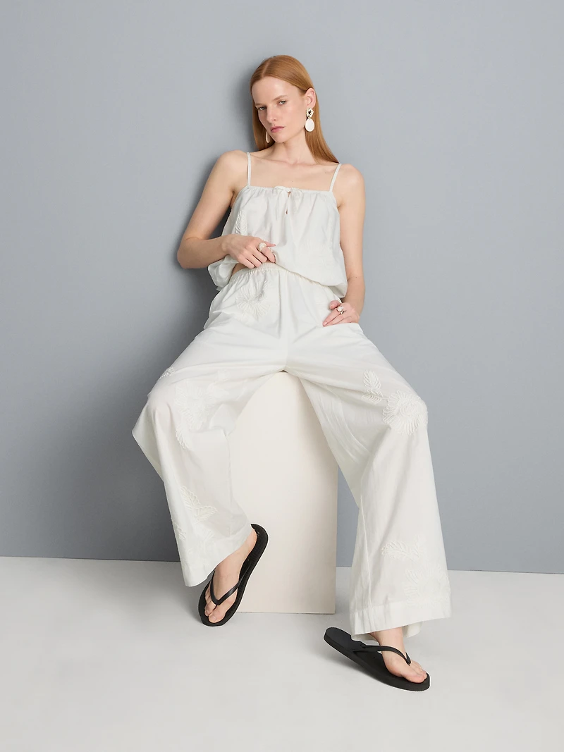 Cotton Embroidered Wide Leg Pants