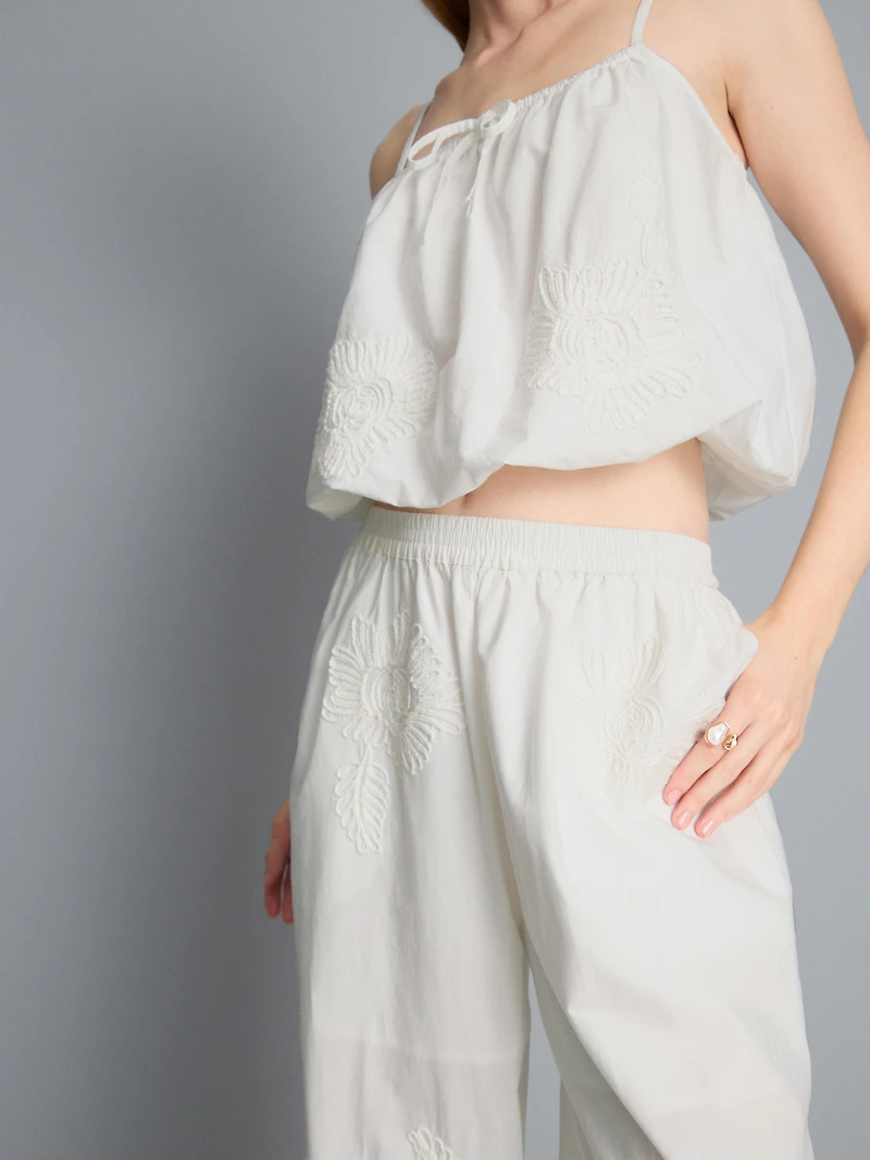 Cotton Embroidered Wide Leg Pants
