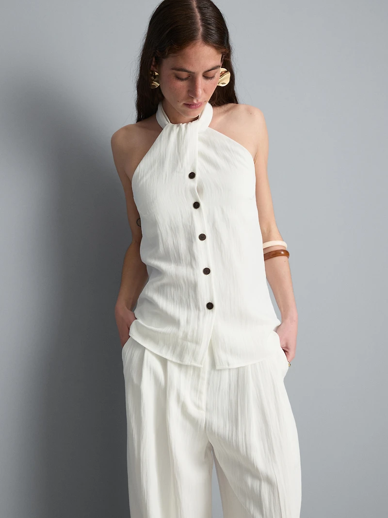 Textured Button Through Halterneck Top