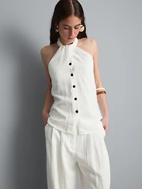 Textured Button Through Halterneck Top
