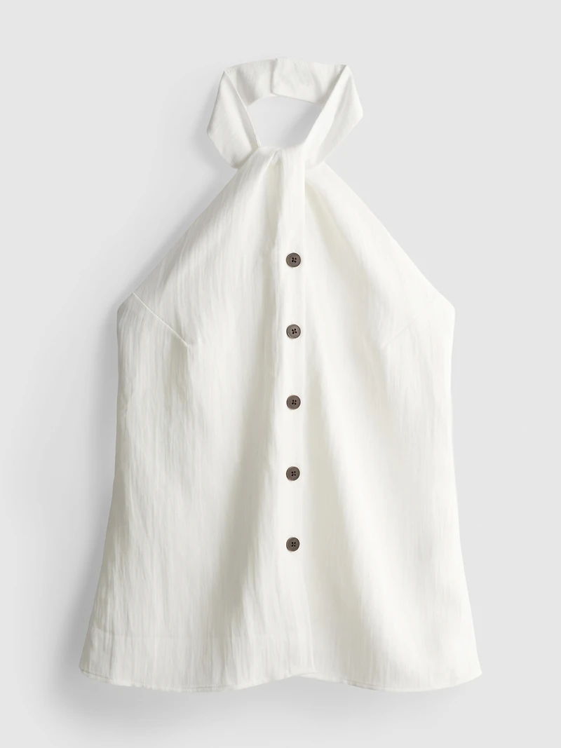 Textured Button Through Halterneck Top