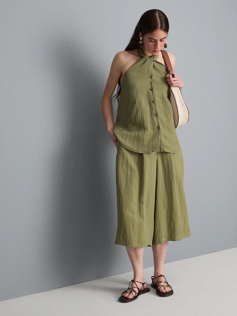 Textured Button Through Halterneck Top