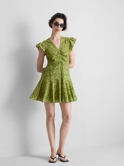 Cotton Eyelet Ruched Mini Dress