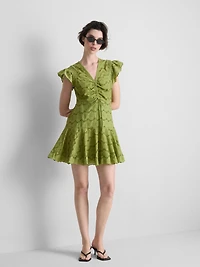 Cotton Eyelet Ruched Mini Dress