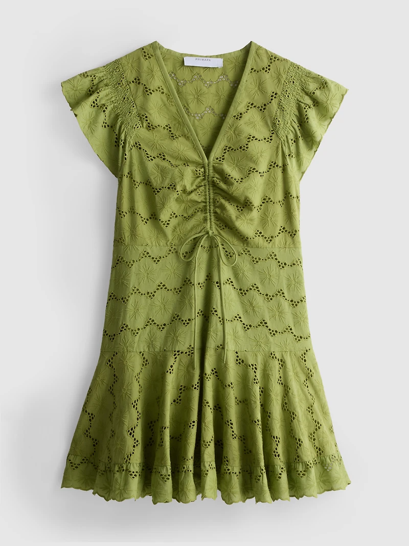 Cotton Eyelet Ruched Mini Dress