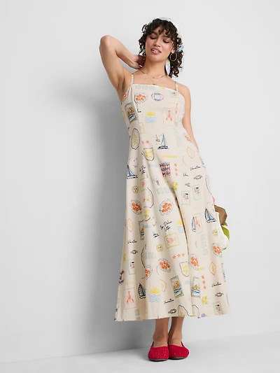 Postcard Print Midi Dress