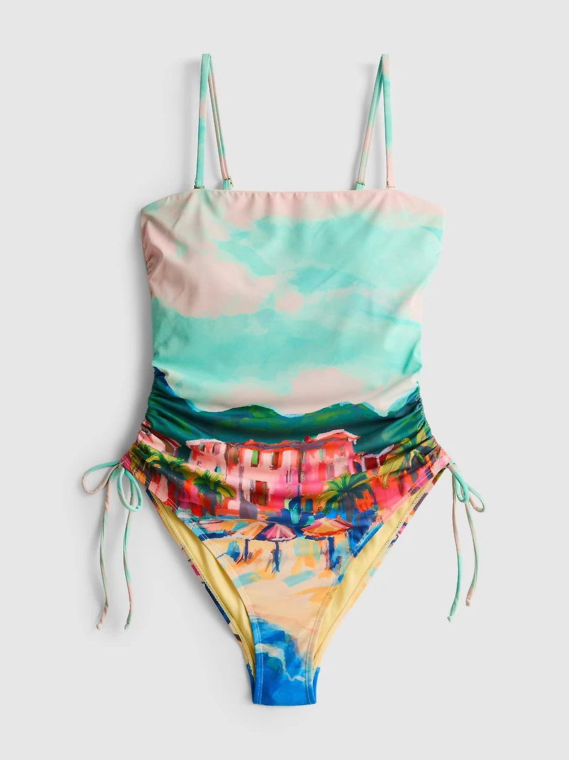 Scenic-Print Ruched Swimsuit