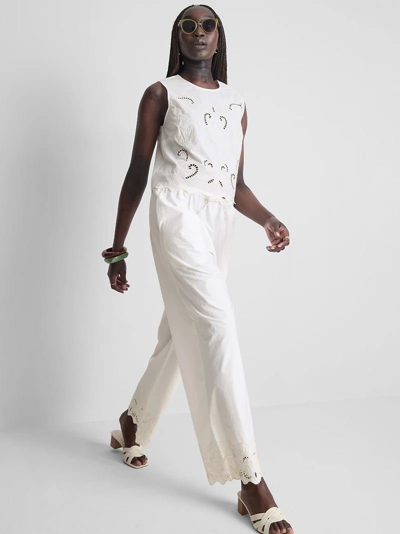 Cotton Wide Leg Embroidered Pants