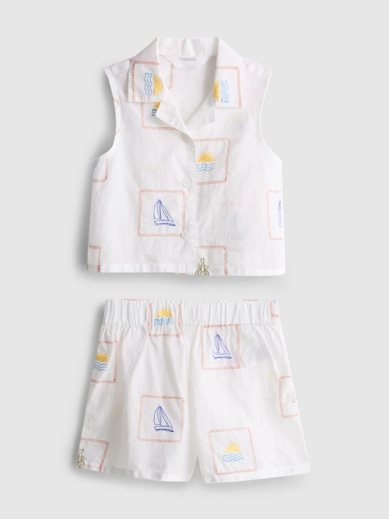 1-9yrs | Pure Cotton Embroidered Sleeveless Shirt and Shorts Set