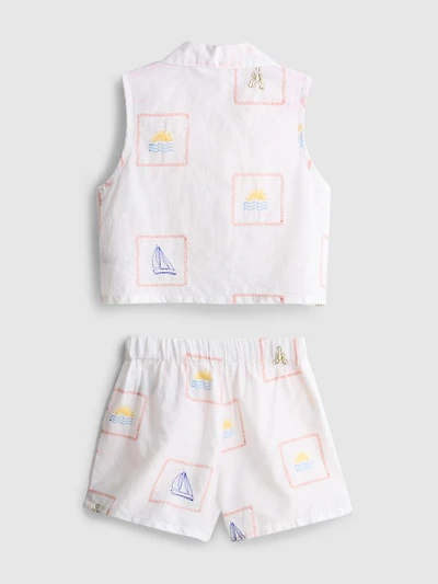 1.5-9yrs | Embroidered Sleeveless Shirt and Shorts Set