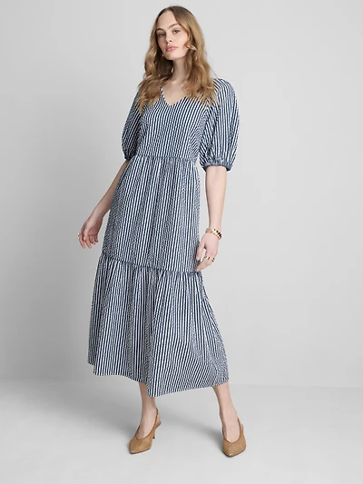 Cotton Seersucker Midi Smock Dress