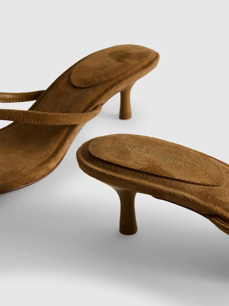 Faux Suede Toe Post Mule Heeled Sandals
