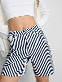 Cotton Denim Striped Bermuda Shorts