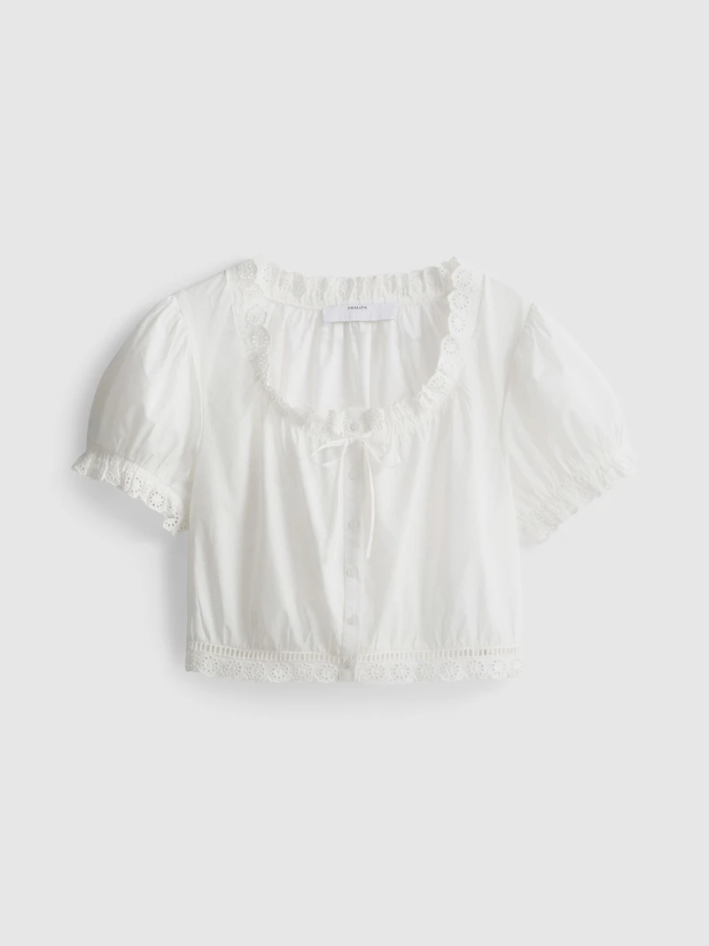 Cotton Cropped Puff Sleeve Poplin Top