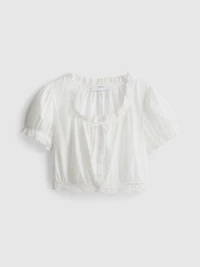 Cotton Cropped Puff Sleeve Poplin Top
