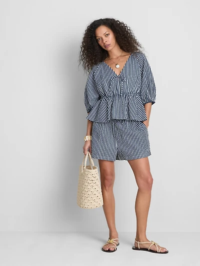 Paula Echevarría Striped Seersucker Puff-Sleeve Blouse