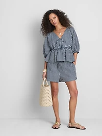 Paula Echevarría Striped Seersucker Puff-Sleeve Blouse