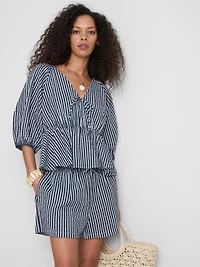 Paula Echevarría Striped Seersucker Puff-Sleeve Blouse
