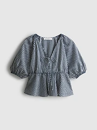 Paula Echevarría Striped Seersucker Puff-Sleeve Blouse