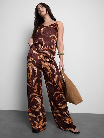 Floral Crushed Satin Wide-Leg Pants