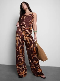 Floral Crushed Satin Wide-Leg Pants