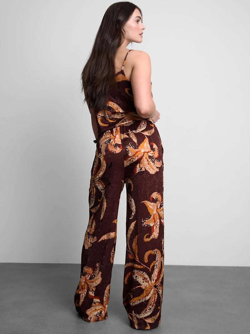 Floral Crushed Satin Wide-Leg Pants