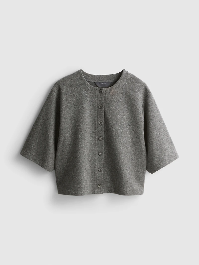Cotton-Blend Cropped Cozy Short-Sleeve Cardigan