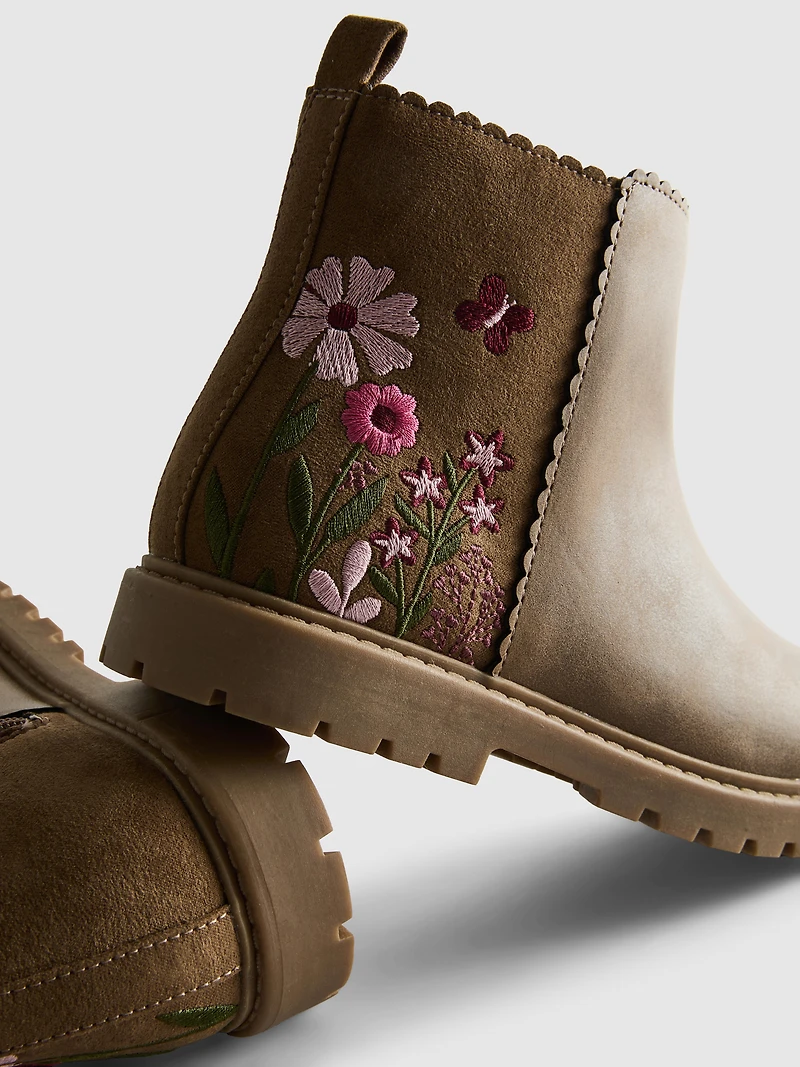 Embroidered Zip-Up Ankle Boots