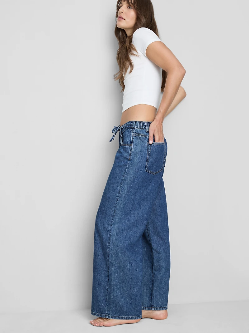 Cotton Denim Wide-Leg Drawstring Jeans