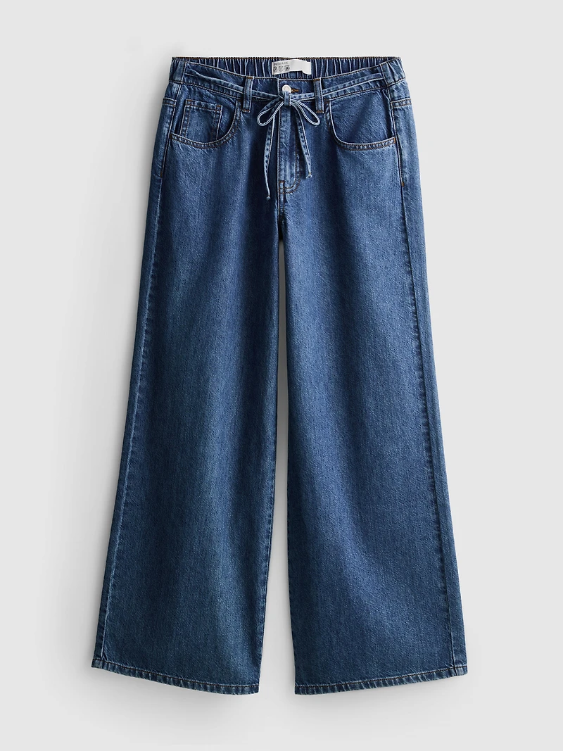 Cotton Denim Wide-Leg Drawstring Jeans